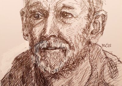 Pentekening van man met baard die glimlacht